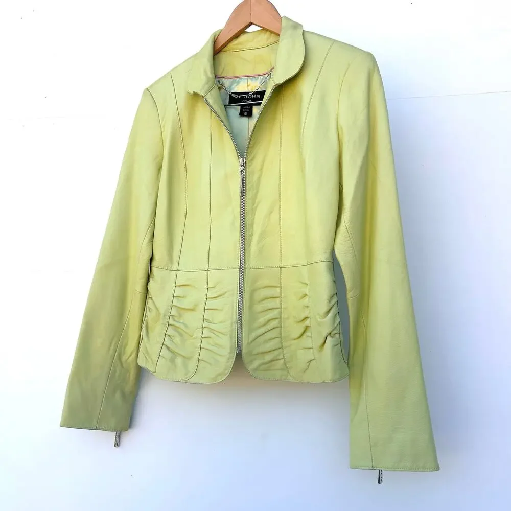 St. John Coats Y2K Vintage Like Green Leather Blazer Jacket Small Zip Statement